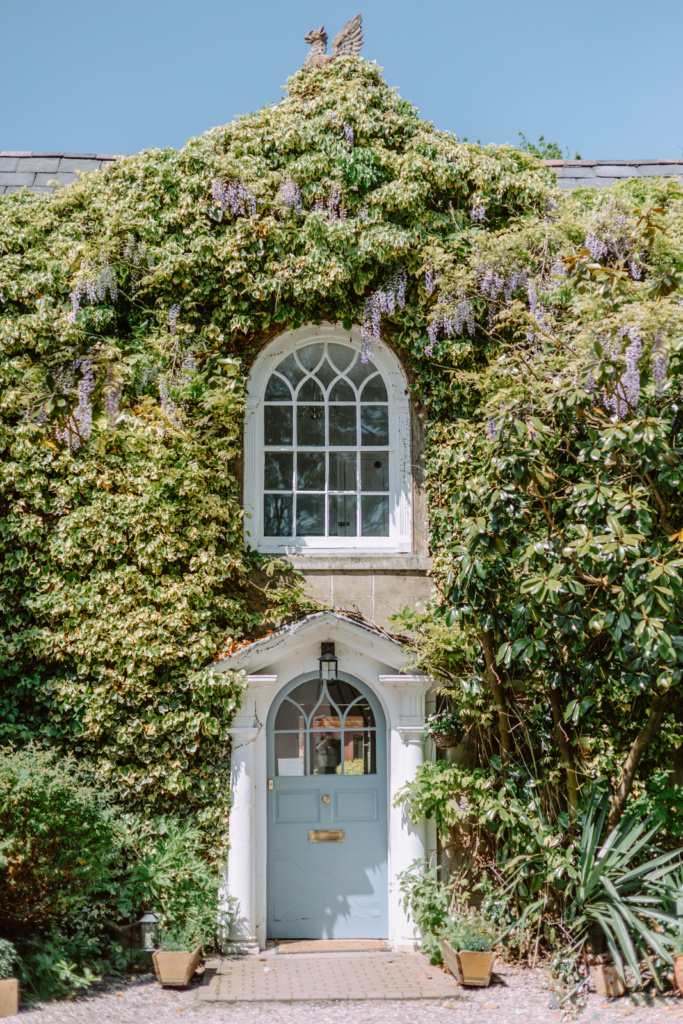 A house covered in ivy with a blue door.