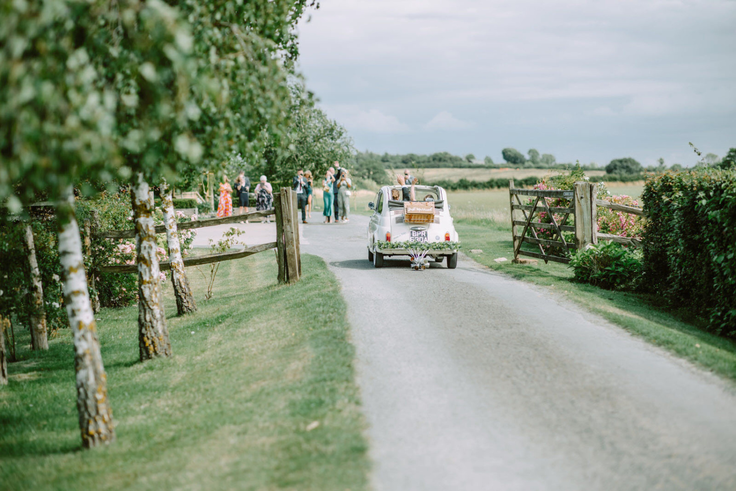 A wedding car driving down a country road.