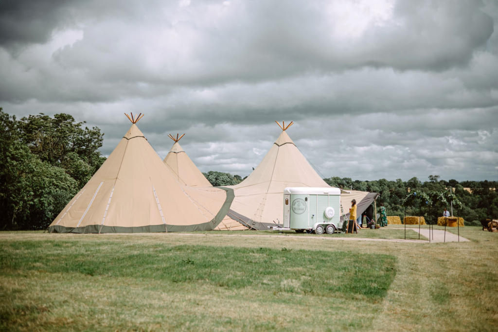 Tipi wedding tents in a field under a cloudy sky in Herefordshire.