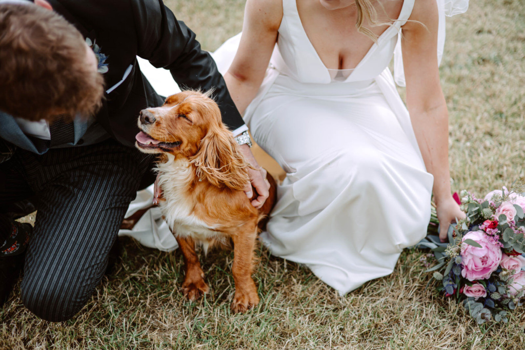 A bride and groom petting a dog in the grass.